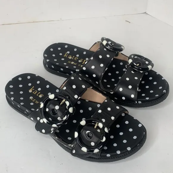 Kate Spade Rhodes black/white polka dot leather slide sandals
