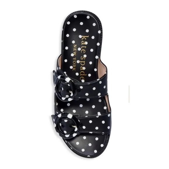Kate Spade Rhodes black/white polka dot leather slide sandals