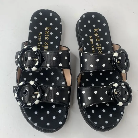 Kate Spade Rhodes black/white polka dot leather slide sandals