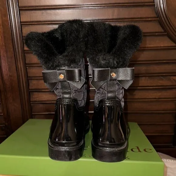 Kate Spade 9M Black Rubber Fleece Faux Fur Lined Rain Winter Pull-On Boots