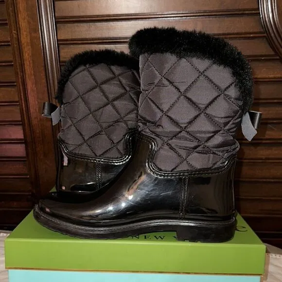 Kate Spade 9M Black Rubber Fleece Faux Fur Lined Rain Winter Pull-On Boots