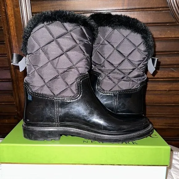 Kate Spade 9M Black Rubber Fleece Faux Fur Lined Rain Winter Pull-On Boots