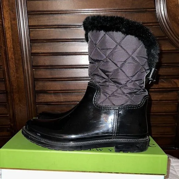 Kate Spade 9M Black Rubber Fleece Faux Fur Lined Rain Winter Pull-On Boots
