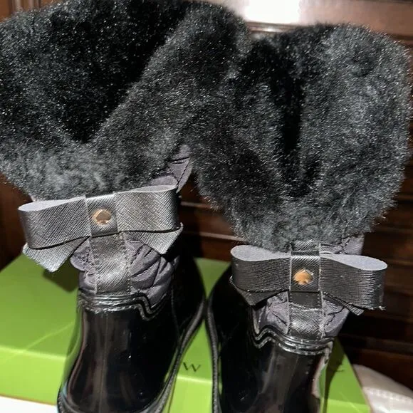 Kate Spade 9M Black Rubber Fleece Faux Fur Lined Rain Winter Pull-On Boots