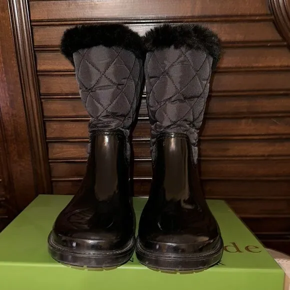 Kate Spade 9M Black Rubber Fleece Faux Fur Lined Rain Winter Pull-On Boots
