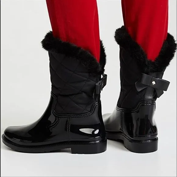 Kate Spade 9M Black Rubber Fleece Faux Fur Lined Rain Winter Pull-On Boots