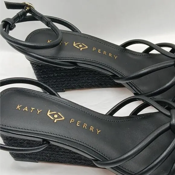 Katy Perry Irisia Twisted Sandal Women's 8M Black Wedge Espadrilles Strappy Shoe