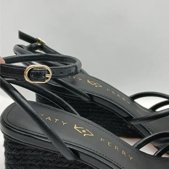 Katy Perry Irisia Twisted Sandal Women's 8M Black Wedge Espadrilles Strappy Shoe