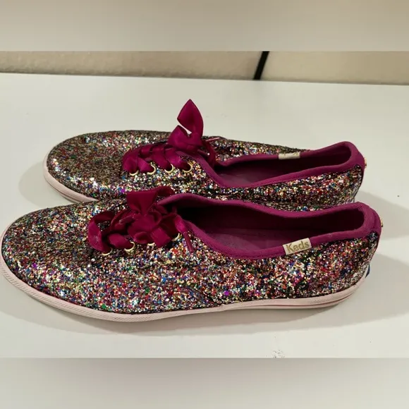Keds X Kate Spade Fuchsia Multi Color Glitter Ribbon Tie Sneakers 6