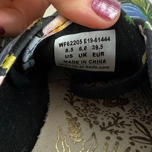 Keds x Rifle Paper Co Athletic Sneakers Womens 8.5 Black Floral Low Top Lace-up