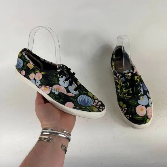 Keds x Rifle Paper Co Athletic Sneakers Womens 8.5 Black Floral Low Top Lace-up