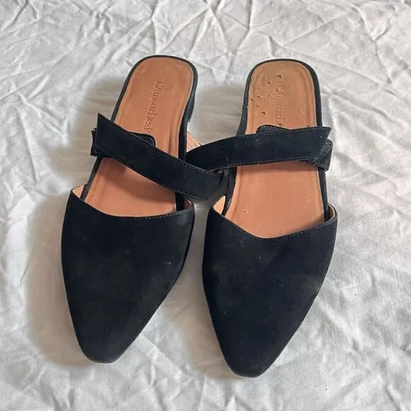 L'Amour Des Pieds Black Suede Mule Flat Baruk 9.5M Womens Kitten Heel Classic