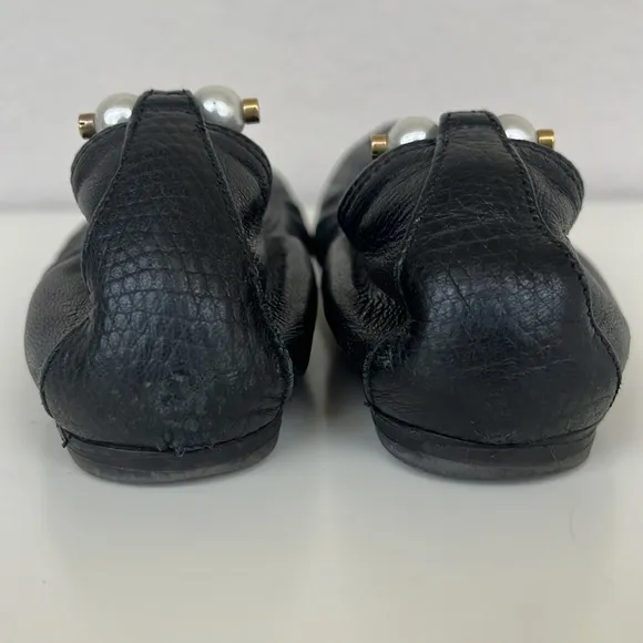 Lanvin Black Leather Ballerina Flats with Pearl Ankle Strap in Size 36 37