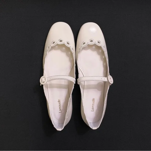 LARROUDE Blair Broderie Genuine Leather Embroidered Flats 10 White