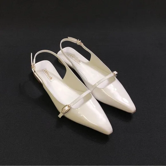 LARROUDE Ines Genuine Patent Leather Pointed Toe Flats 8 White