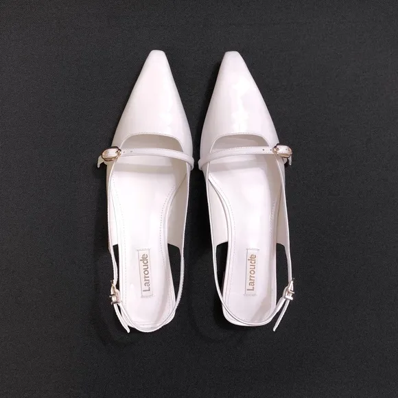 LARROUDE Ines Genuine Patent Leather Pointed Toe Flats 8 White