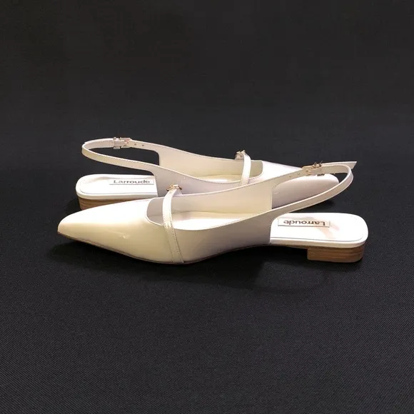 LARROUDE Ines Genuine Patent Leather Pointed Toe Flats 8 White