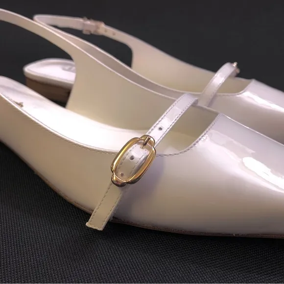 LARROUDE Ines Genuine Patent Leather Pointed Toe Flats 8 White