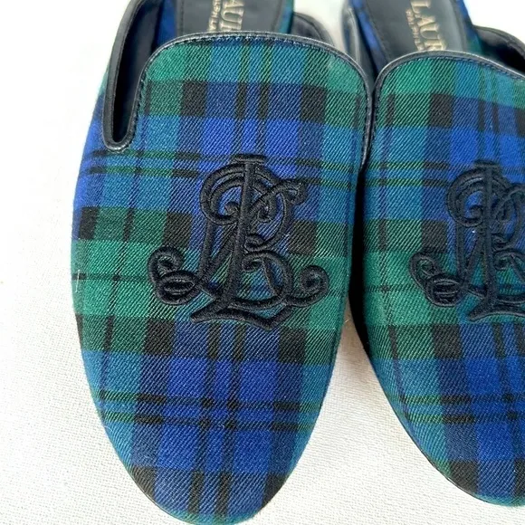 Lauren Ralph Lauren blue and green plaid crested mule loafers size 7.5