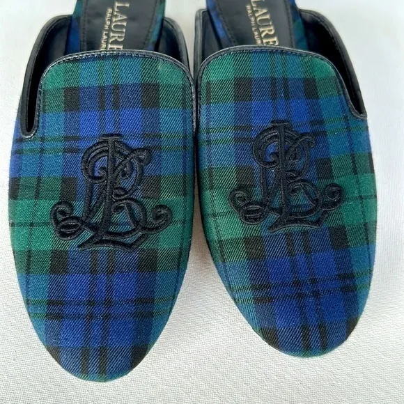 Lauren Ralph Lauren blue and green plaid crested mule loafers size 7.5