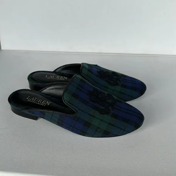 Lauren Ralph Lauren blue and green plaid crested mule loafers size 7.5