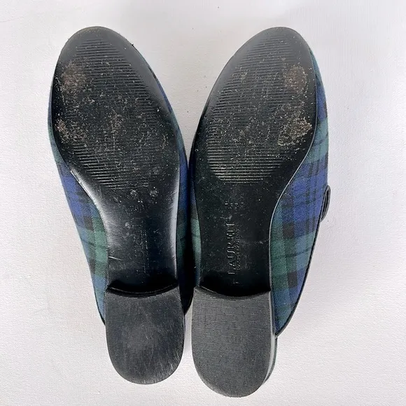 Lauren Ralph Lauren blue and green plaid crested mule loafers size 7.5