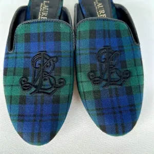 Lauren Ralph Lauren blue and green plaid crested mule loafers size 7.5