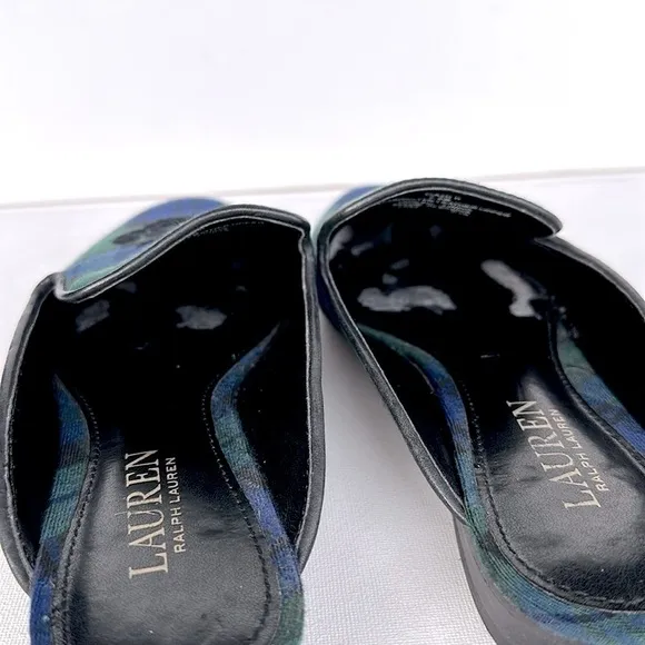 Lauren Ralph Lauren blue and green plaid crested mule loafers size 7.5