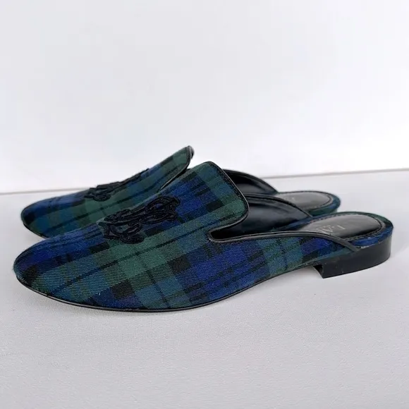Lauren Ralph Lauren blue and green plaid crested mule loafers size 7.5