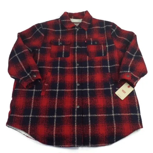 Levi's Red Blue Plaid Full Zip Long Sleeve Wool Blend Shacket Womens Plus 4X NWT
