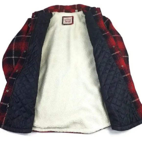 Levi's Red Blue Plaid Full Zip Long Sleeve Wool Blend Shacket Womens Plus 4X NWT