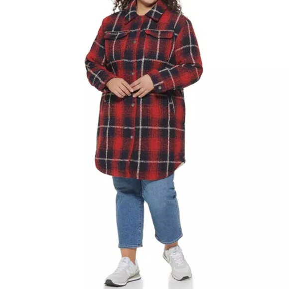 Levi's Red Blue Plaid Full Zip Long Sleeve Wool Blend Shacket Womens Plus 4X NWT