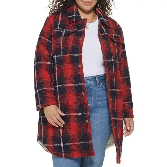 Levi's Red Blue Plaid Full Zip Long Sleeve Wool Blend Shacket Womens Plus 4X NWT