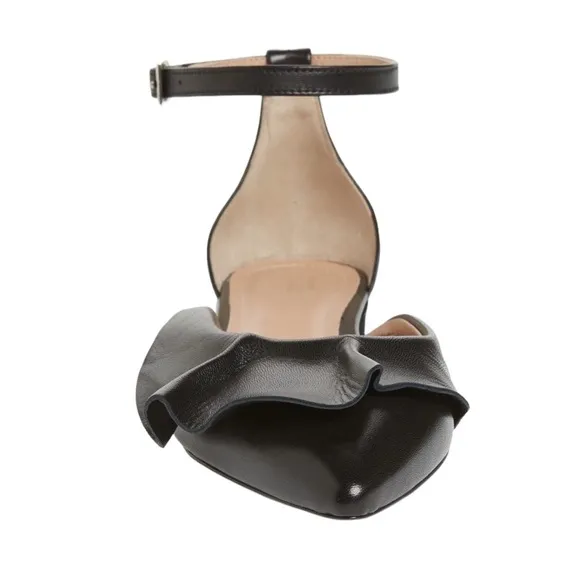 Lewitt Italy Alessia Ruffle Point Toe Ankle Strap Black Leather Flats 35 5