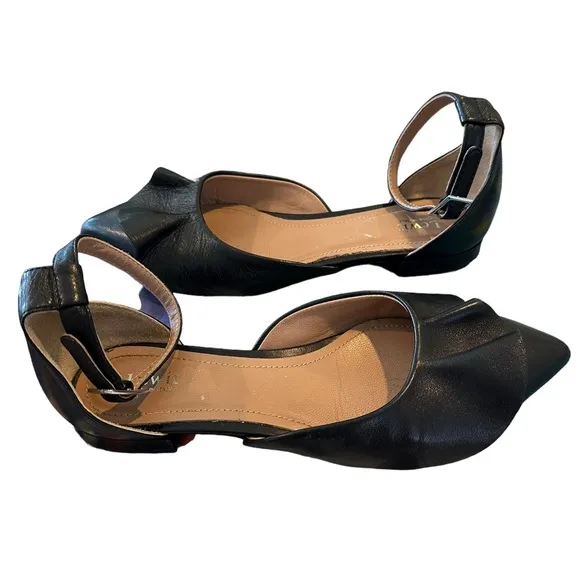 Lewitt Italy Alessia Ruffle Point Toe Ankle Strap Black Leather Flats 35 5