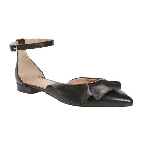 Lewitt Italy Alessia Ruffle Point Toe Ankle Strap Black Leather Flats 35 5