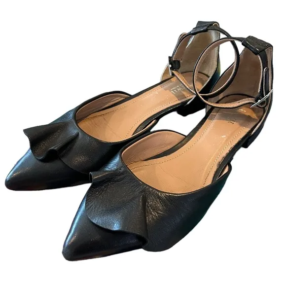 Lewitt Italy Alessia Ruffle Point Toe Ankle Strap Black Leather Flats 35 5