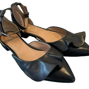 Lewitt Italy Alessia Ruffle Point Toe Ankle Strap Black Leather Flats 35 5