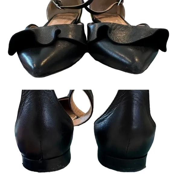 Lewitt Italy Alessia Ruffle Point Toe Ankle Strap Black Leather Flats 35 5