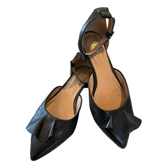 Lewitt Italy Alessia Ruffle Point Toe Ankle Strap Black Leather Flats 35 5