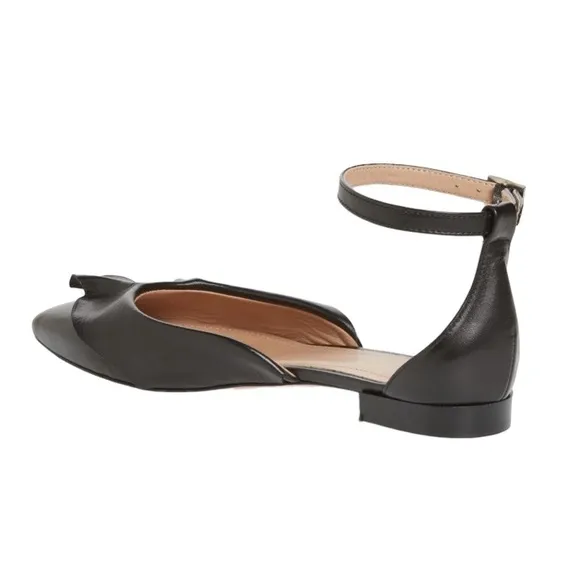 Lewitt Italy Alessia Ruffle Point Toe Ankle Strap Black Leather Flats 35 5