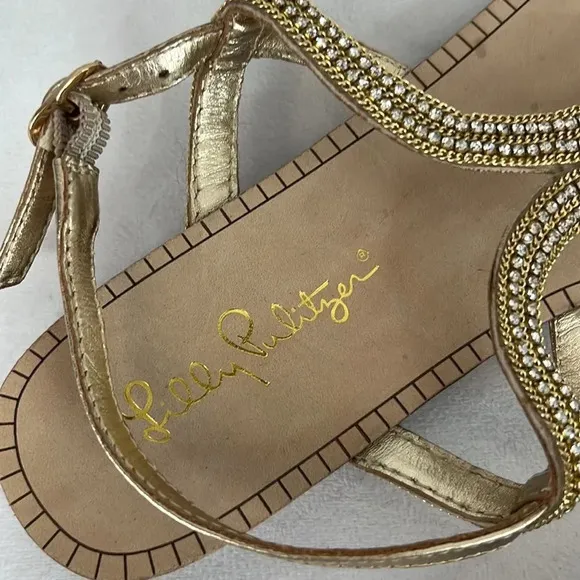 LILLY PULITZER | Delray Gold Sandal with Ankle Strap Flats size 6.5 NWOT