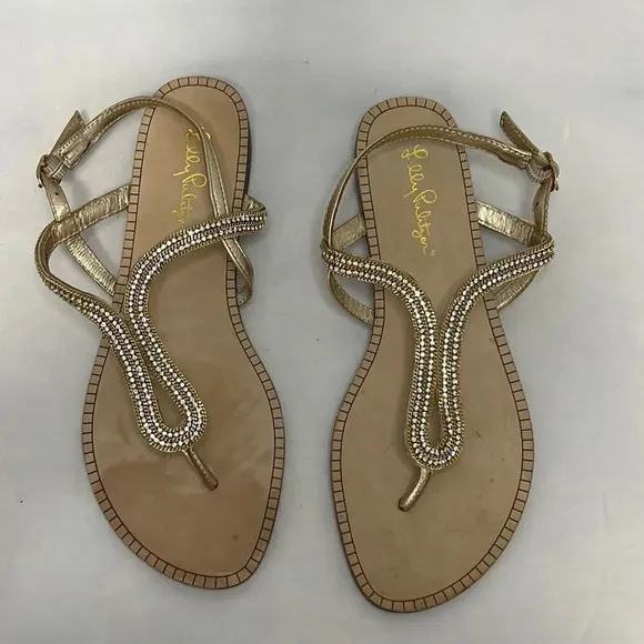 LILLY PULITZER | Delray Gold Sandal with Ankle Strap Flats size 6.5 NWOT