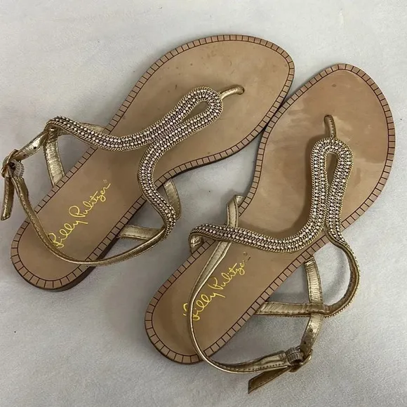 LILLY PULITZER | Delray Gold Sandal with Ankle Strap Flats size 6.5 NWOT