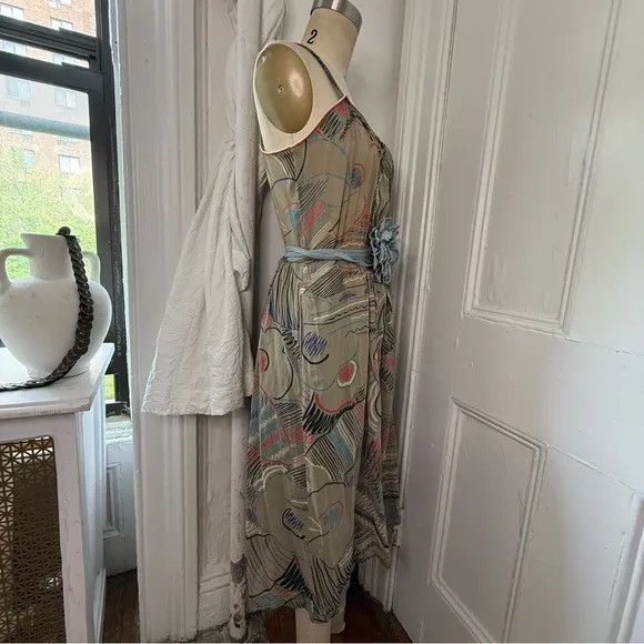 Louise Feraud scribble floral sketches sheer gray a line dress