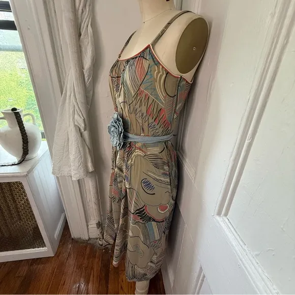 Louise Feraud scribble floral sketches sheer gray a line dress