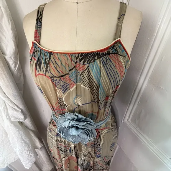 Louise Feraud scribble floral sketches sheer gray a line dress