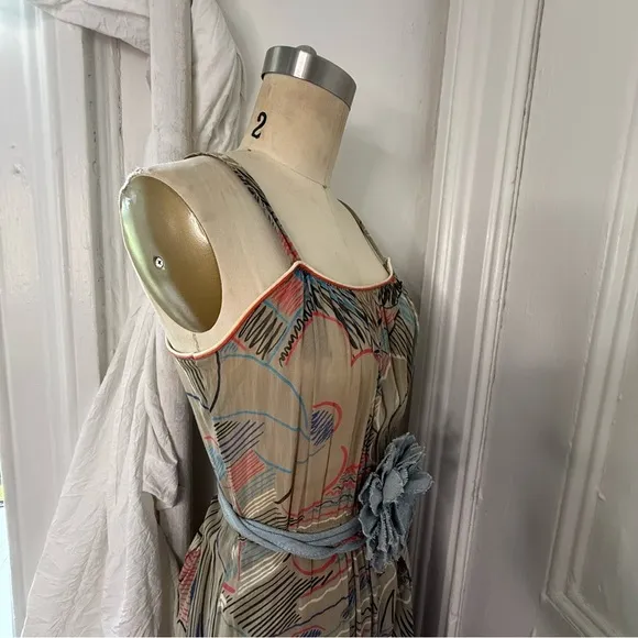 Louise Feraud scribble floral sketches sheer gray a line dress