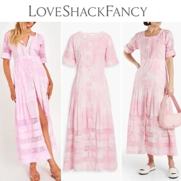 LoveShackFancy Edie Cotton Midi Dress XS Peony Pink NWTS