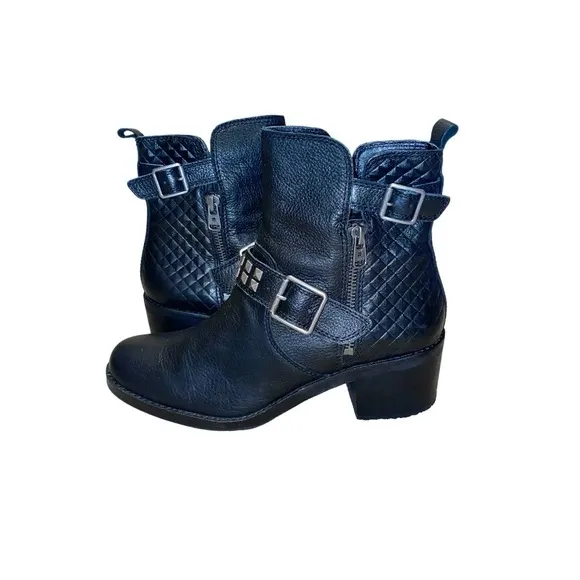 Lucky Brand Cantini 2 Studded Buckle Moto Biker Black Leather Ankle Boots